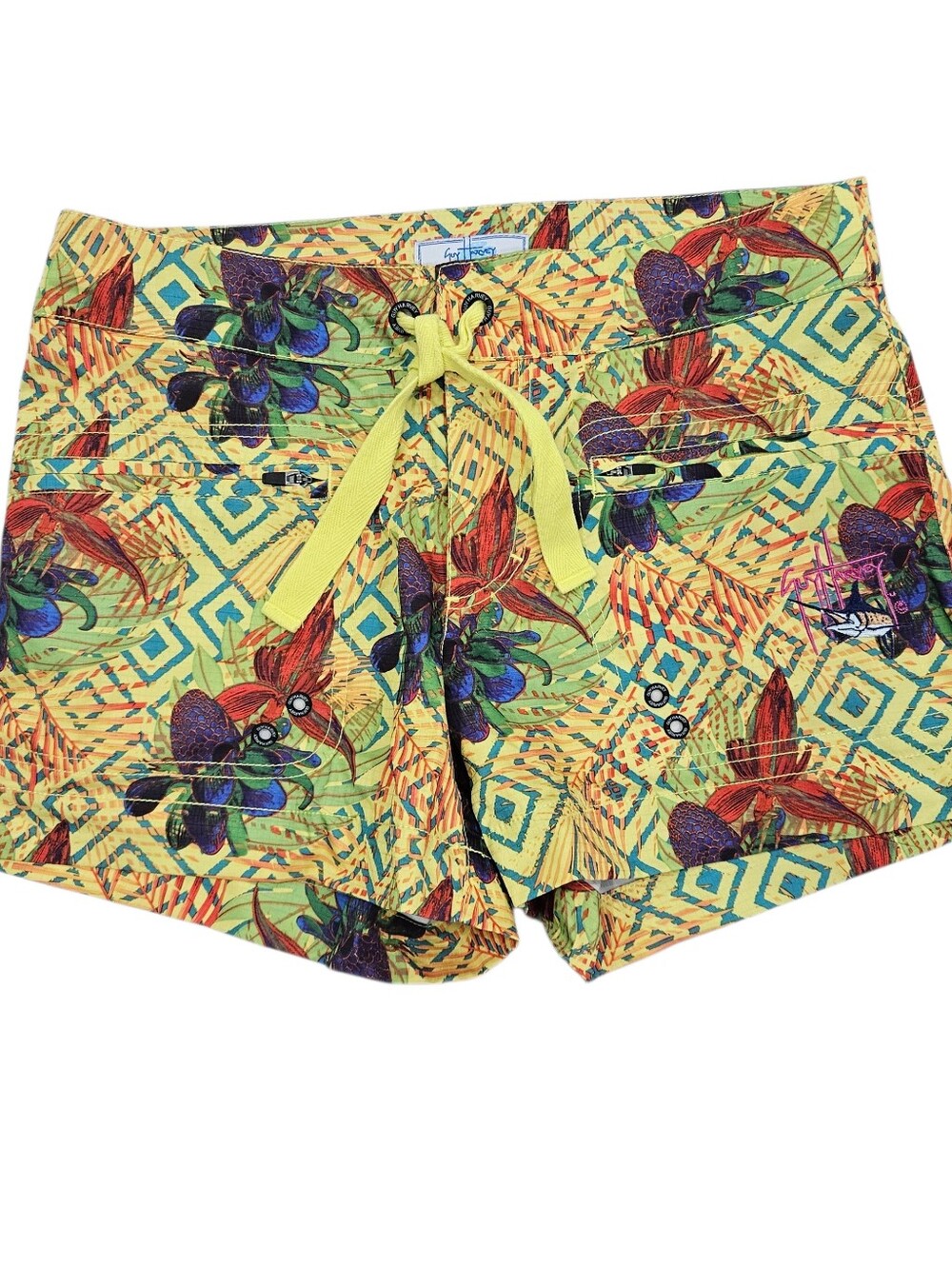 Guy Harvey AFTCO Womens Bright Yellow Floral Tropical Board Shorts Swim Sz 4